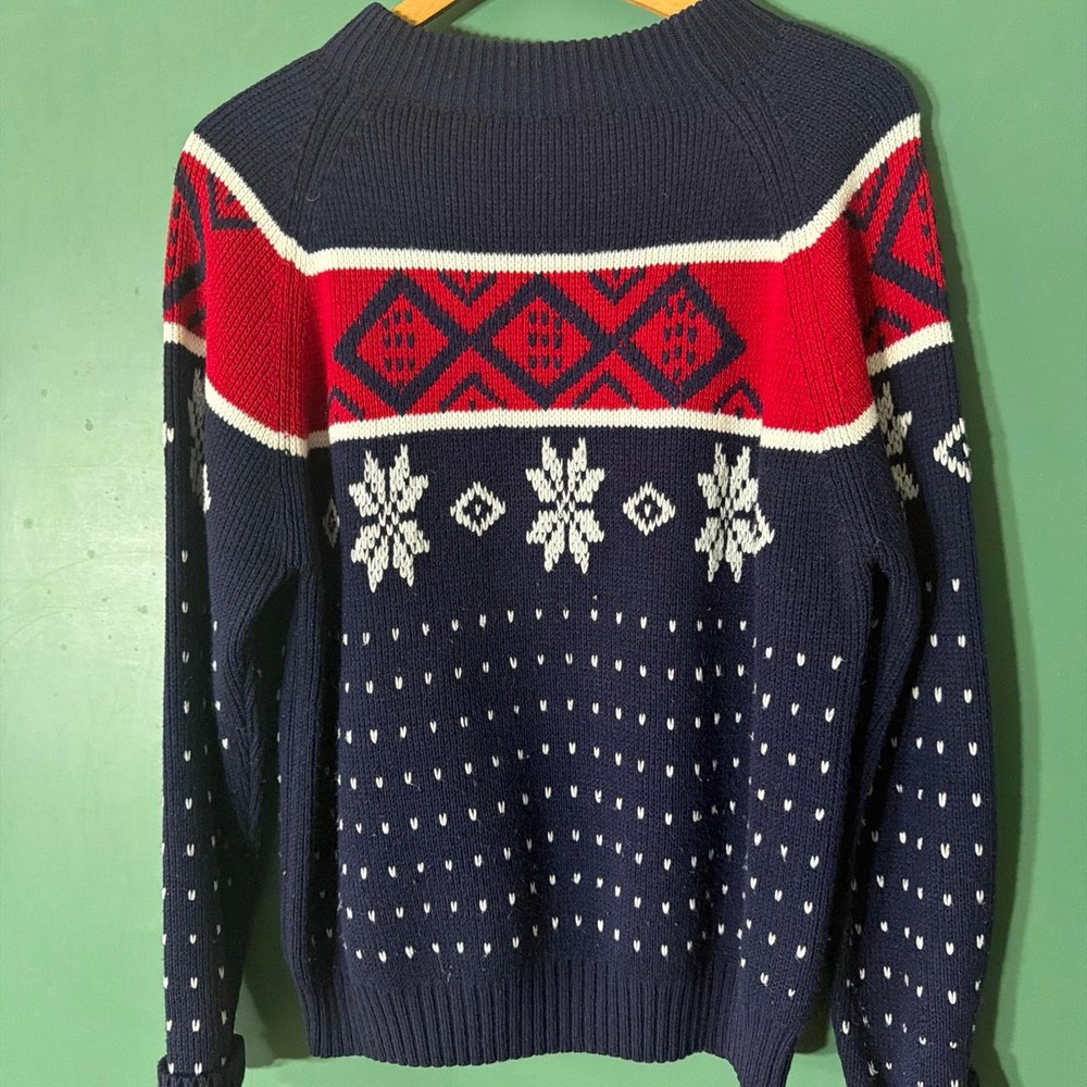 Vintage JCPenney 1980s Fair Isle Blue Sweater Snowflake Diamond Pattern Navy M